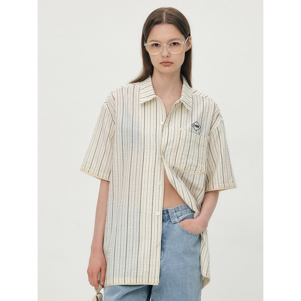 CITYBREEZE シーサッカーストライプショートスリーブシャツブラック