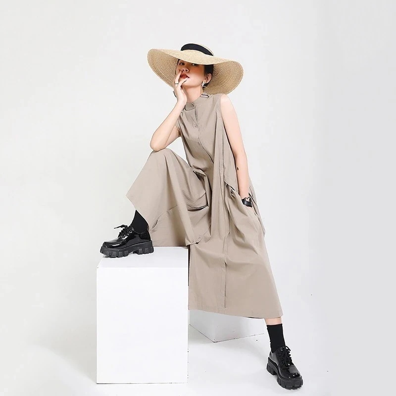 【J.Fashion】 ノースリーブ ロングワンピ ニセ2セット ロングベスト風 綿麻 2着way おしゃれ レディース リネンワンピ 日焼け止め ドレス メガ割30%までに制限