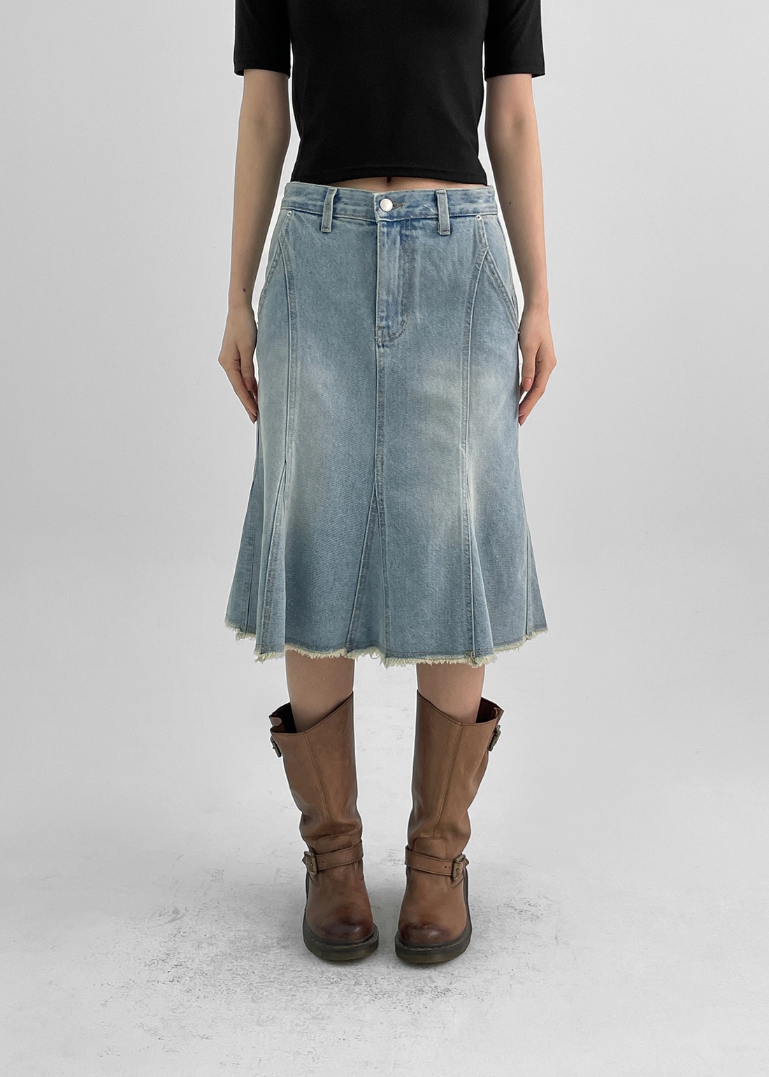 ソートバーカットマーメイドデニムミディスカート