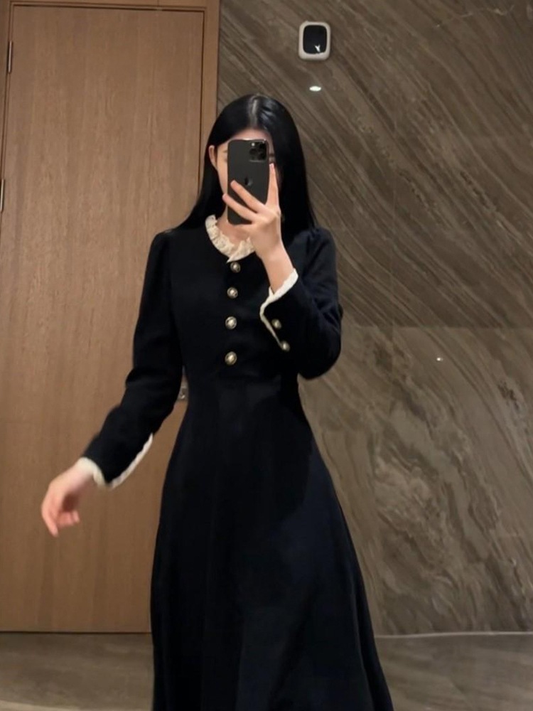 2023新しいフランスの小さな香ヘップバーンスタイル黒の長袖ドレス子供シニアドレープロングドレス