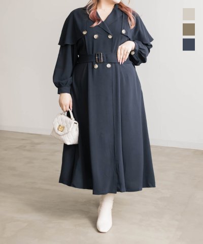 大きいサイズ レディース LL 3L 4L XL XXL XXXL CLETTEオリジナルケープ付きトレンチ風ワンピース