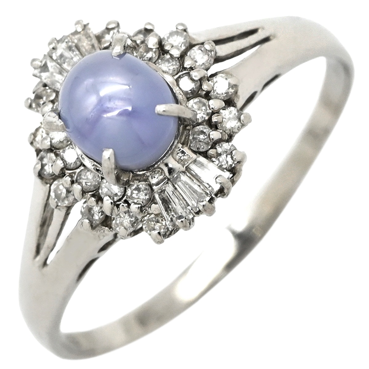 リング 指輪 スターサファイア 1.39ct ダイヤモンド プラチナシルバー 青 ブルー プラチナ900 オーバルカボションカット 1石 18号【中古】