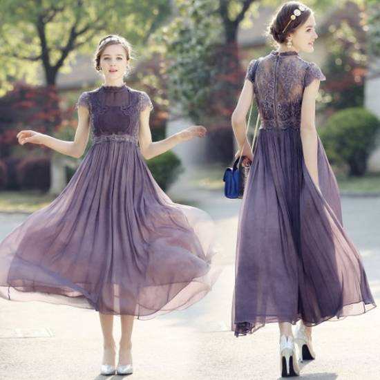 【3日で出荷】ロングドレス 袖あり パーティードレス 大きいサイズ 体型カバー 20代 30代 二次会 レース ロング丈 半袖 花柄 Aライン 刺繍 パープ