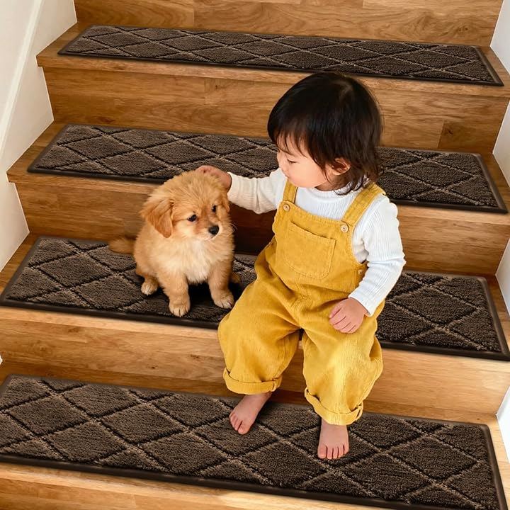BOBO 洗える吸着階段マット タフティングマット 滑り止め 階段保護マット 厚さ12.5mm カーペット すべり止め 防滑 保温 防音 洗濯機丸洗い可能 (ブラウン, 76x20cm)