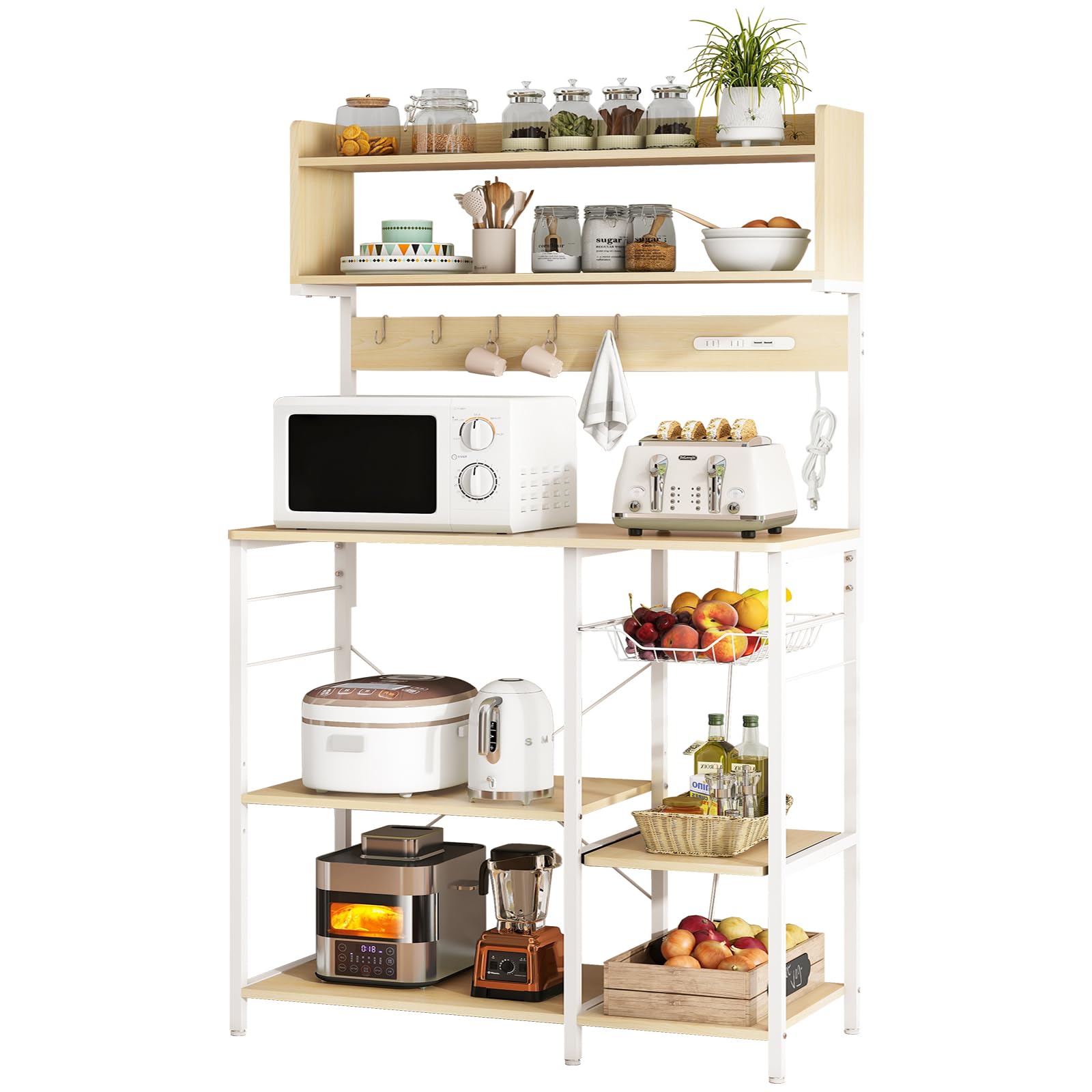 LYNCOHOME 幅90ワイドレンジラック 計4口 コンセント付き USBポート付き レンジ台 レンジボード 食器棚 キッチンラック キッチン収納 大型レンジ対応 収納バスケット付き 網かご付き（ナ