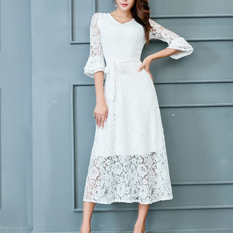 1986.総レースVネックフレアドレス（ホワイト）2019 春夏 sale 春夏 sale ワンピース フリル シースルー エレガント お呼ばれ パーティー 結婚式 披露宴 女子会 レストラン デート