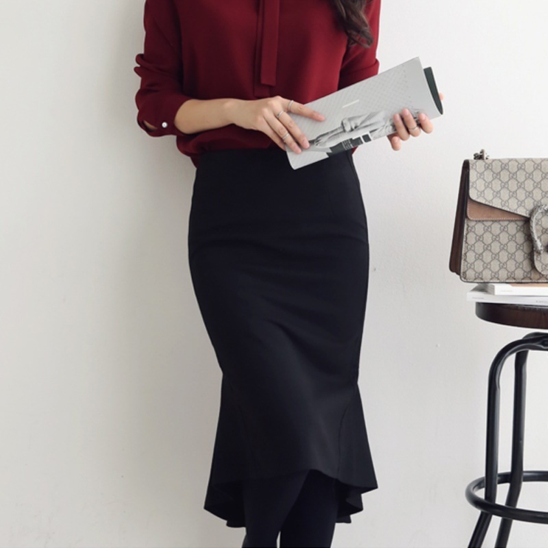 3166.オフィスカジュアルにも フィッシュテールスカート（ブラック）2019 春夏 sale 無地 お出かけ お呼ばれ パーティー