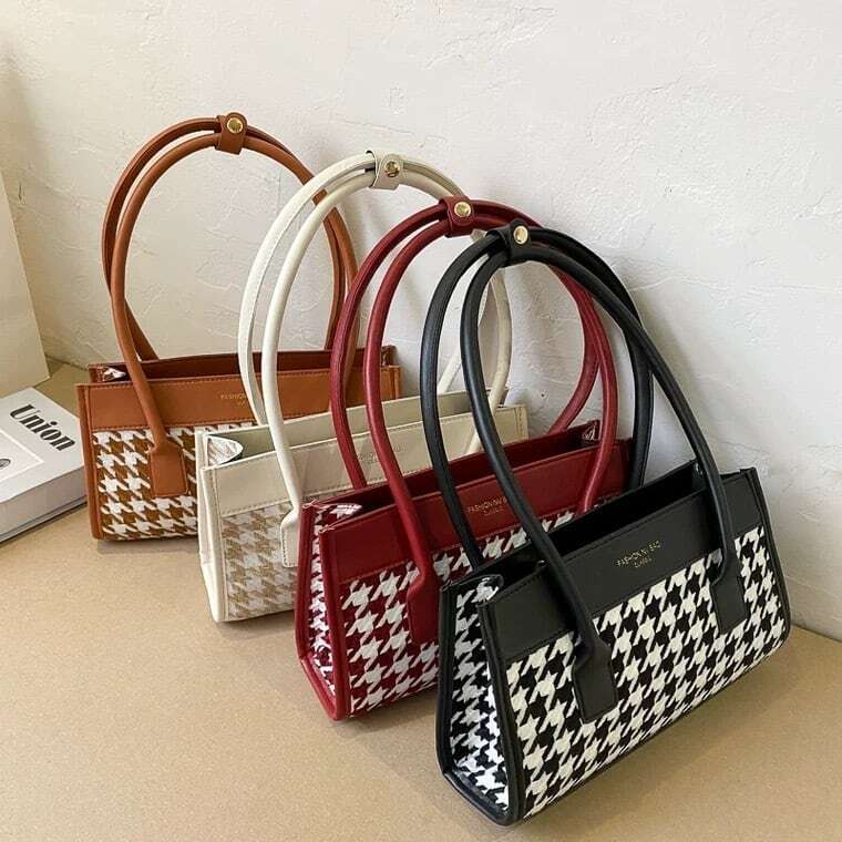 レディース カバン ハンドバッグ 千鳥格子 四角 ファスナー コンパクト ショルダーバッグ 大人可愛い ママコーデ ママファッション 韓国系 オルチャン 人気 トレンド 新作 20代 30代 40代