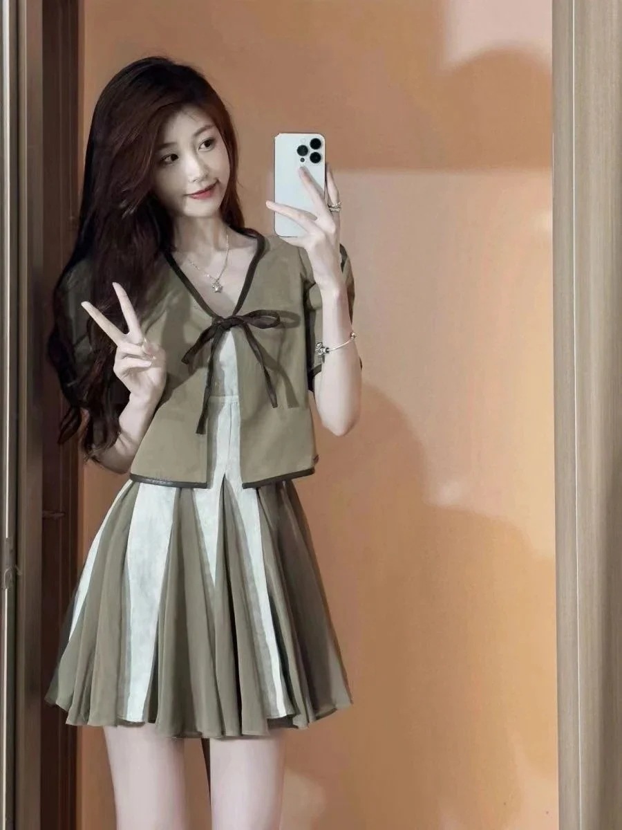 2024年夏新作 セットアップ レディース 夏 韓国ファッション 大きいサイズのぽっちゃり日系学院風パッチワーク ワンピース 2点セット ルームウェア