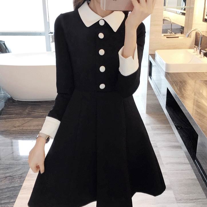 ワンピース ミニ丈 九分袖 襟付き セミフレア 切り替えデザイン ボタン かわいい 大人可愛い きれいめ シンプル 大人 上品 おしゃれ レトロ 大人女子 こなれ感 キュート ガーリー モー