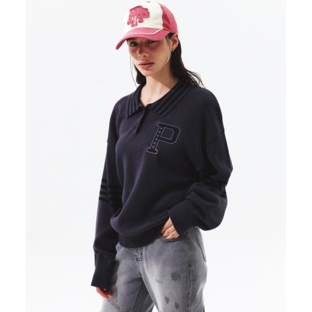PRENDA P LOGO PATCH STRIPE LONG SLEEVE KNIT CHARCOAL PRT