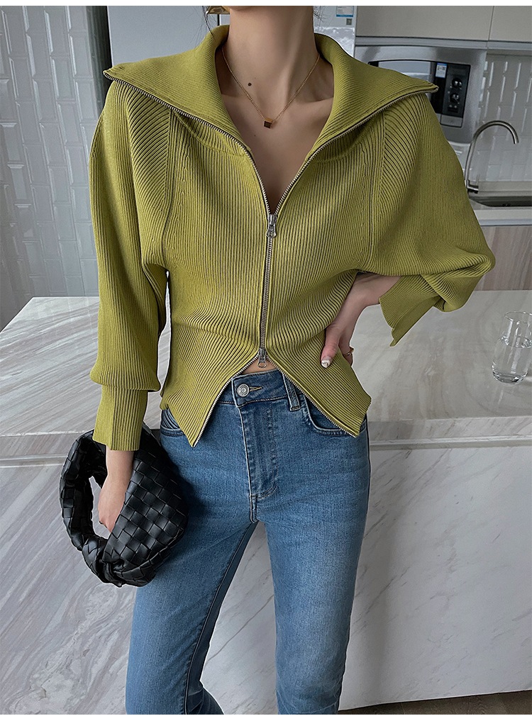 レディース ニット ジッパー カーディガン トップ 秋 冬 女性 V ネック ミドル丈コート トレンド グリーン ＳＭＬXL トップス 袖あり かわいい 大人可愛い きれいめ シンプル カジュアル