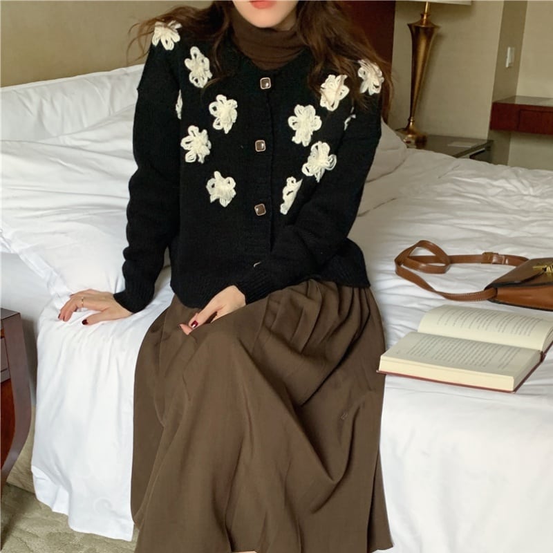レディース カーディガン ニット セーター 前開き フラワーモチーフ 立体フラワー シック