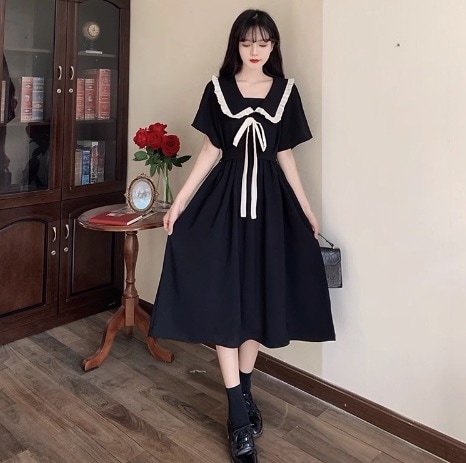 ワンピース 学生風 モテアイテム サイズ豊富 大きいサイズ ミディアム丈 半袖 襟付き フレア Aライン フリル リボン ウエストマーク かわいい シンプル 上品 おしゃれ お洒落 レトロ ラブリー 5,875円