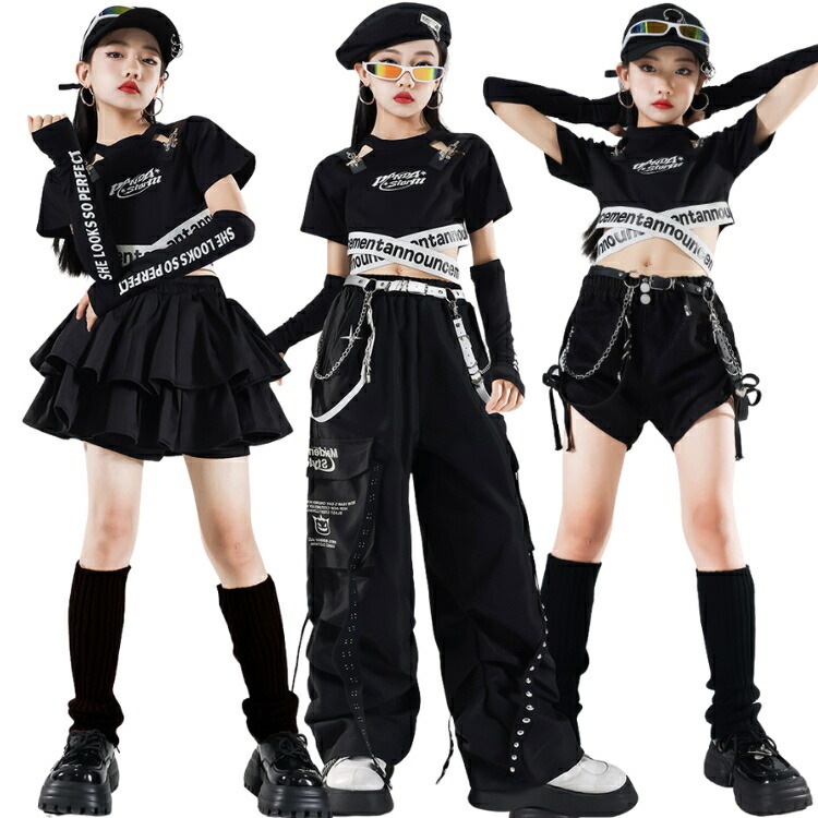 韓国風 ステージ衣装 ヒップホップ 黒 白 ショーツ パンツ スカート トップス ダンス衣装 キッズダンス 女の子 ジャズダンス ダンスウェア チアガール ガールズ 応援団 演出服 かっこいい 上下
