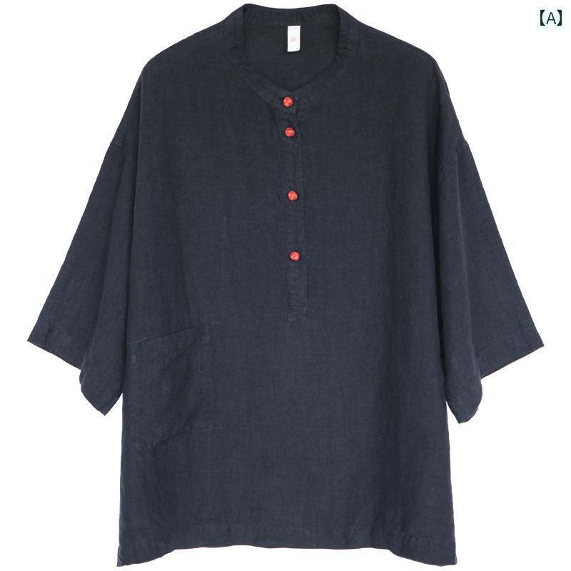 レディース　シャツ　トップス レトロ 石原 布 黒 リネン 半袖 シャツ レディース 夏 カジュアル 大きいサイズ プルオーバー トップス 9,011円