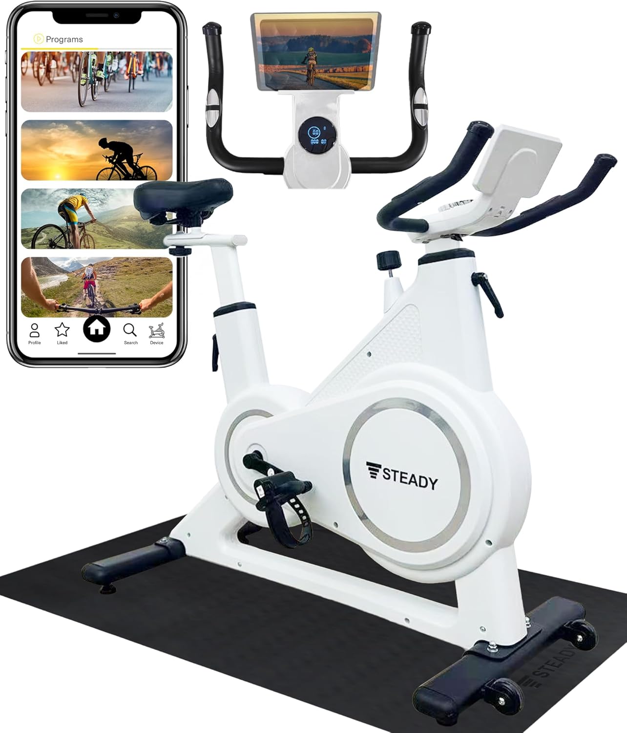 04.ホワイト（マット付き） STEADY スピンバイク Plus 家庭用 静音 エアロバイク フィットネスバイク Zwift サイクリングマシン アプリ連動 組立簡単 ブラック ST14504.ホワ