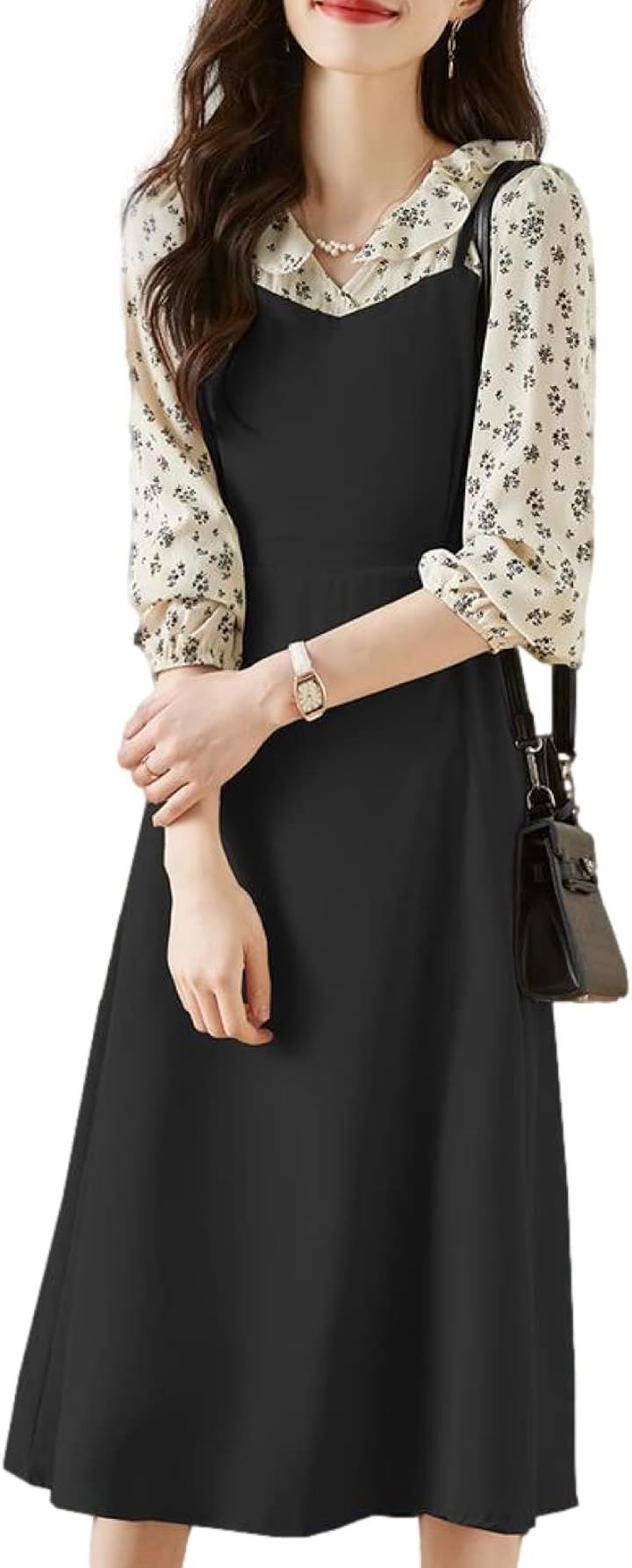 ワンピース 小花柄 ドッキング キャミソールワンピース 膝下 丈 長袖 春 秋 レディース( ブラック, XL)