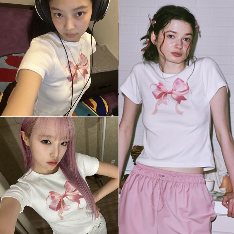 BLACKPINKジェニー着用 double ribbon slim crop t-shirt