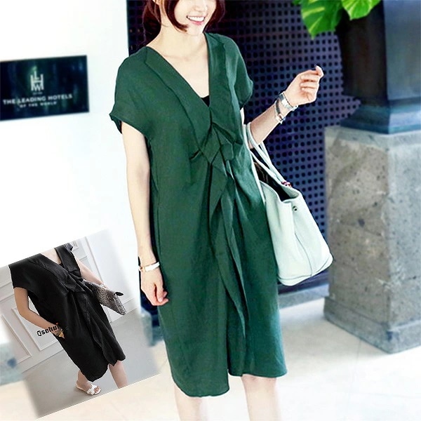 お手頃価格麻のストレートワンピース　フリル　Ｖ襟　フレンチスリーブ　お出掛け　半袖　大きいサイズ有り　Ｓ～ＸＸＸＸＬ　大人スタイル　【クリックポストで】 5,278円