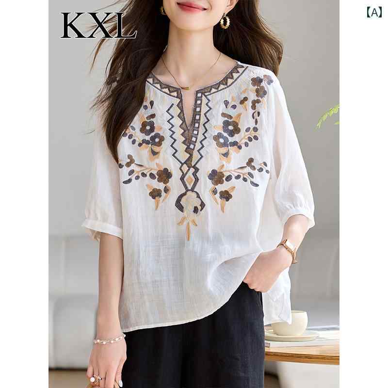 トップス レディース おしゃれ 上品 通勤 オフィス カジュアル 美しい 夏 シャツ 刺繍が 施 スリーブ シャツ 体型カバー スリム シャツ