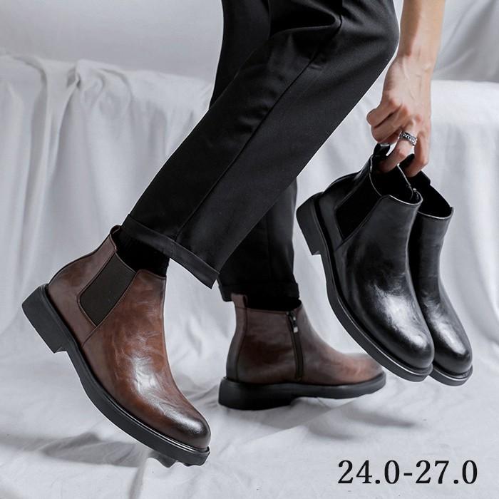 (WJ Fashion)サイドゴアブーツ メンズ ブーツ チェルシーブーツ ハイカット ビジネス 厚底 ショートブーツ 歩きやすい 革靴 ブラック ブラウン 24.0~27.0 5,267円