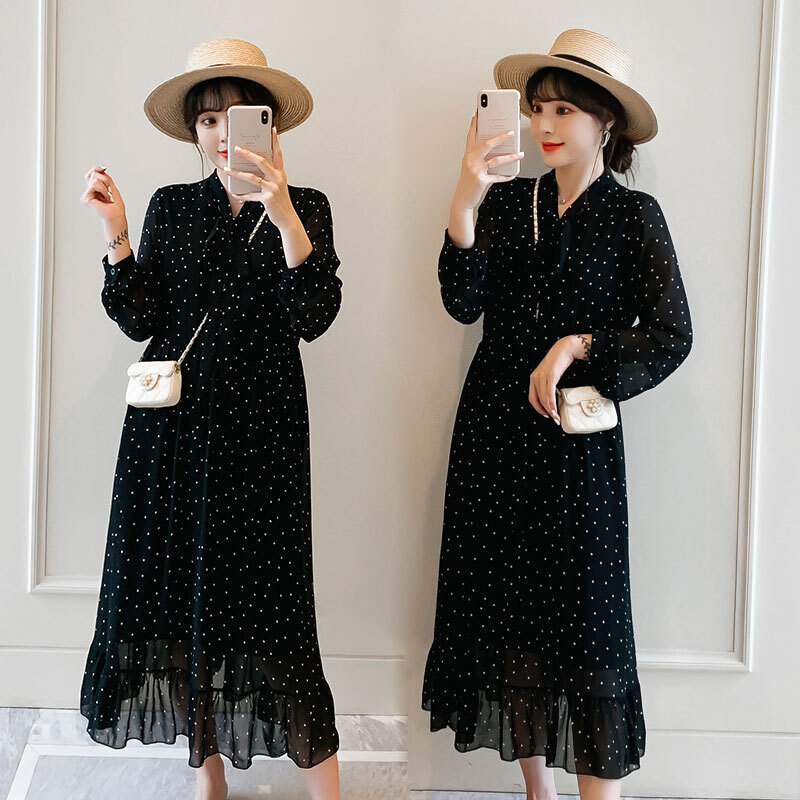 シフォンワンピース トップス シンプル スイート ブラック 黒 ミドル丈 袖あり 長袖 Vネック