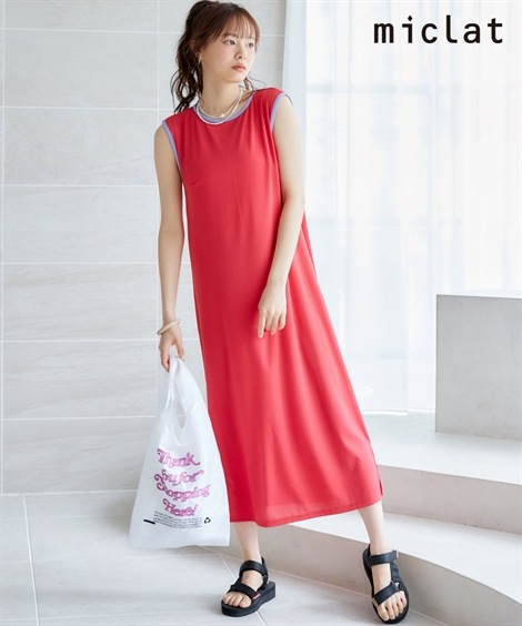 ロングマキシ丈/半袖 大きいサイズ　配色パイピングワンピース　miclat