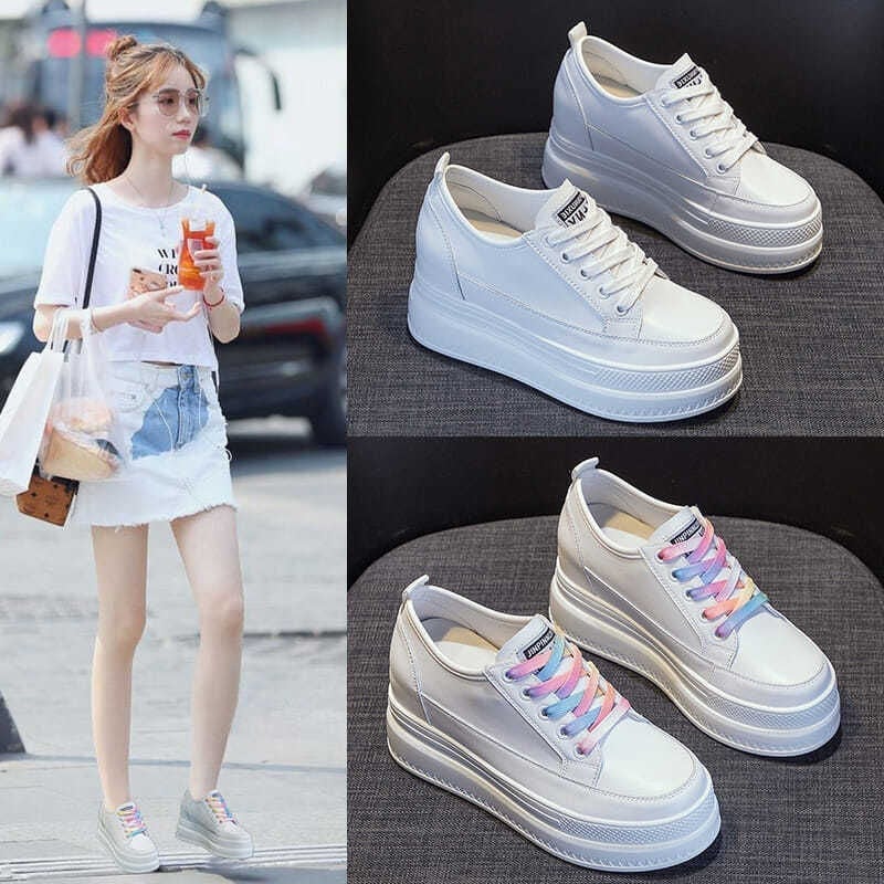 2024人気新作 港風厚底シューズ レディース 内側の高さ8CM小さな白い靴2024春新しいマフィンシューズスポーツボードシューズ 韓国ファッション