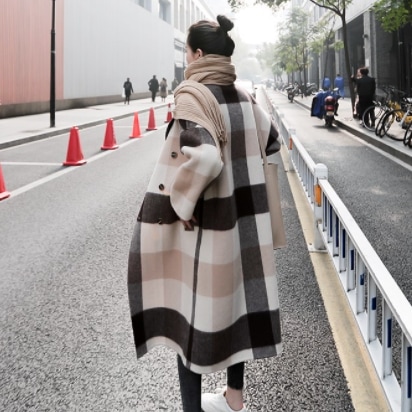 チェック柄チェスターコート アウター コート ロング丈 長袖 ストレート Iライン かわいい