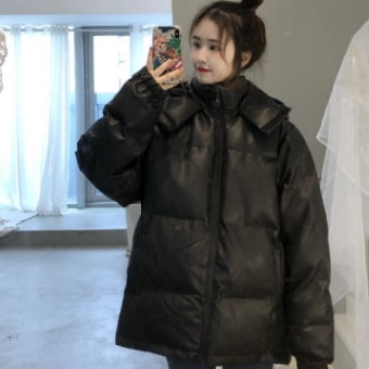 ブラックダウンコート アウター コート ロング丈 長袖 ボリューム袖 ハイネック ストレート