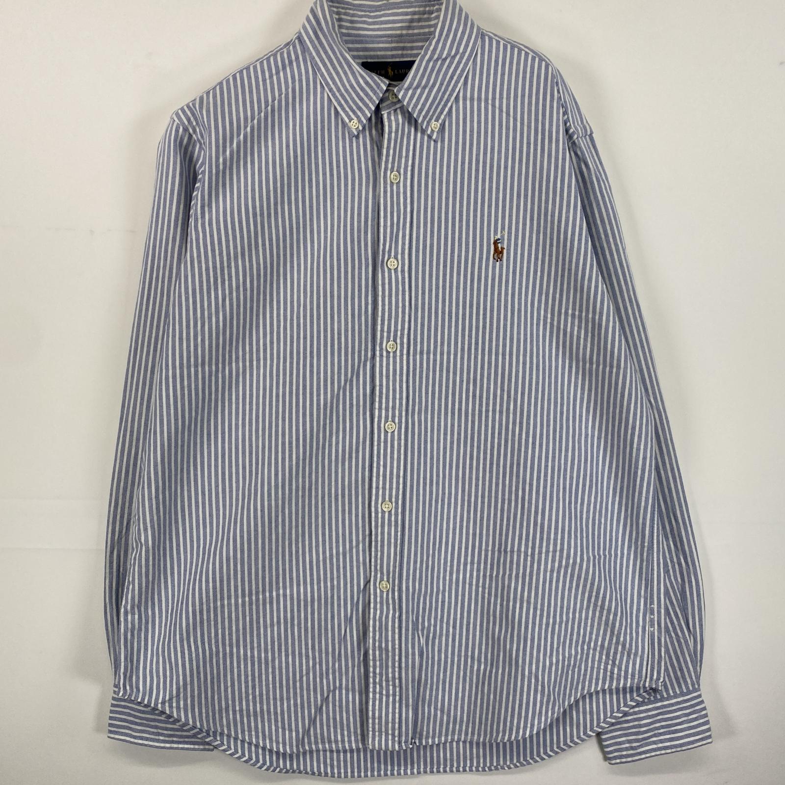 古着 長袖シャツ ボタンダウン ワンポイントロゴ刺繍 オックスフォード L ブルー系 ストライプ メンズ