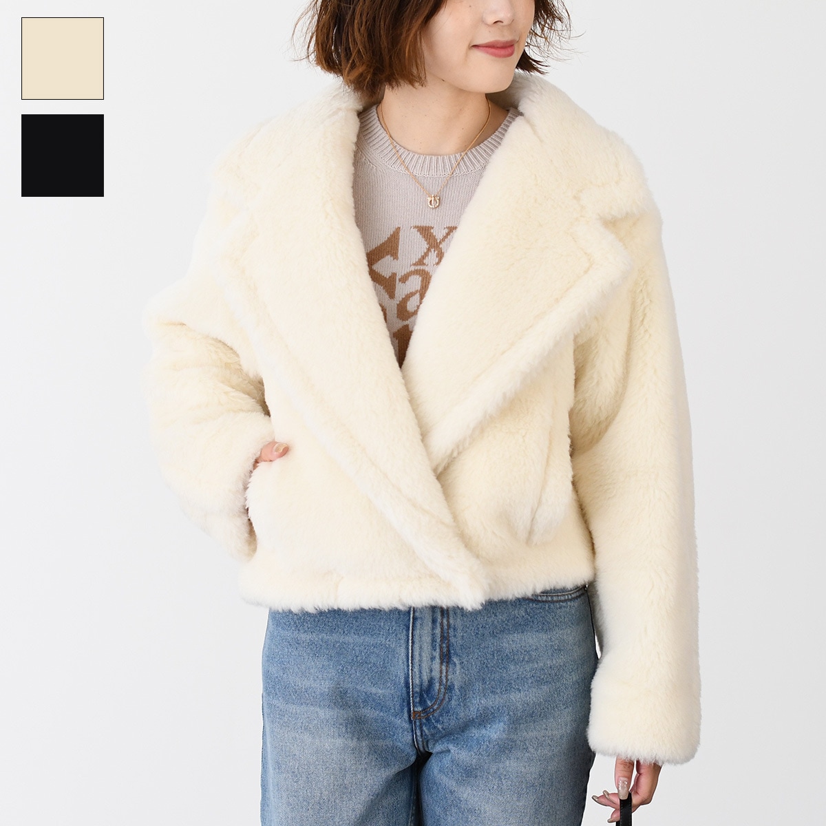 Max Mara マックスマーラ アウター オッジェーリ テディベア アイコン クロップドコート OGGERI レディース ホワイト ブラック アルパカ バイカージャケット