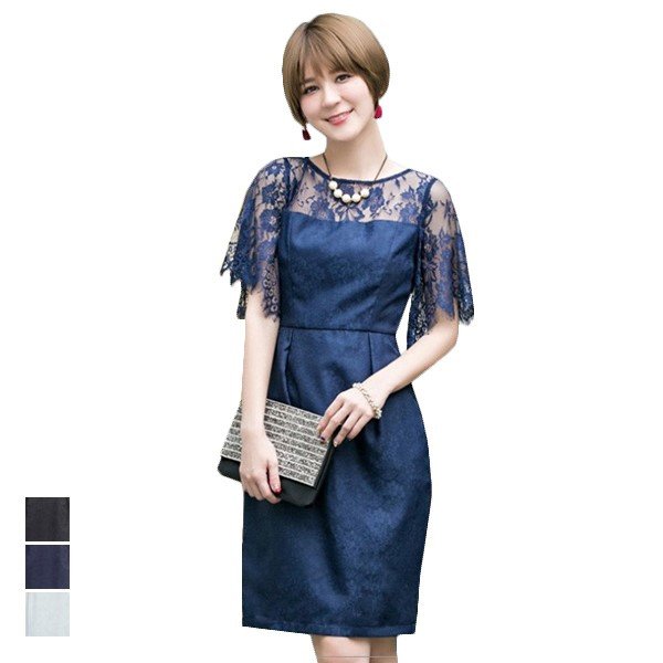 パーティードレス パーティドレス 結婚式 披露宴 ミニ ドレス ワンピ 膝丈 袖つき 袖付き 袖あり レース タイト レディース グレー ブラック ブラック ネイビー 7,293円