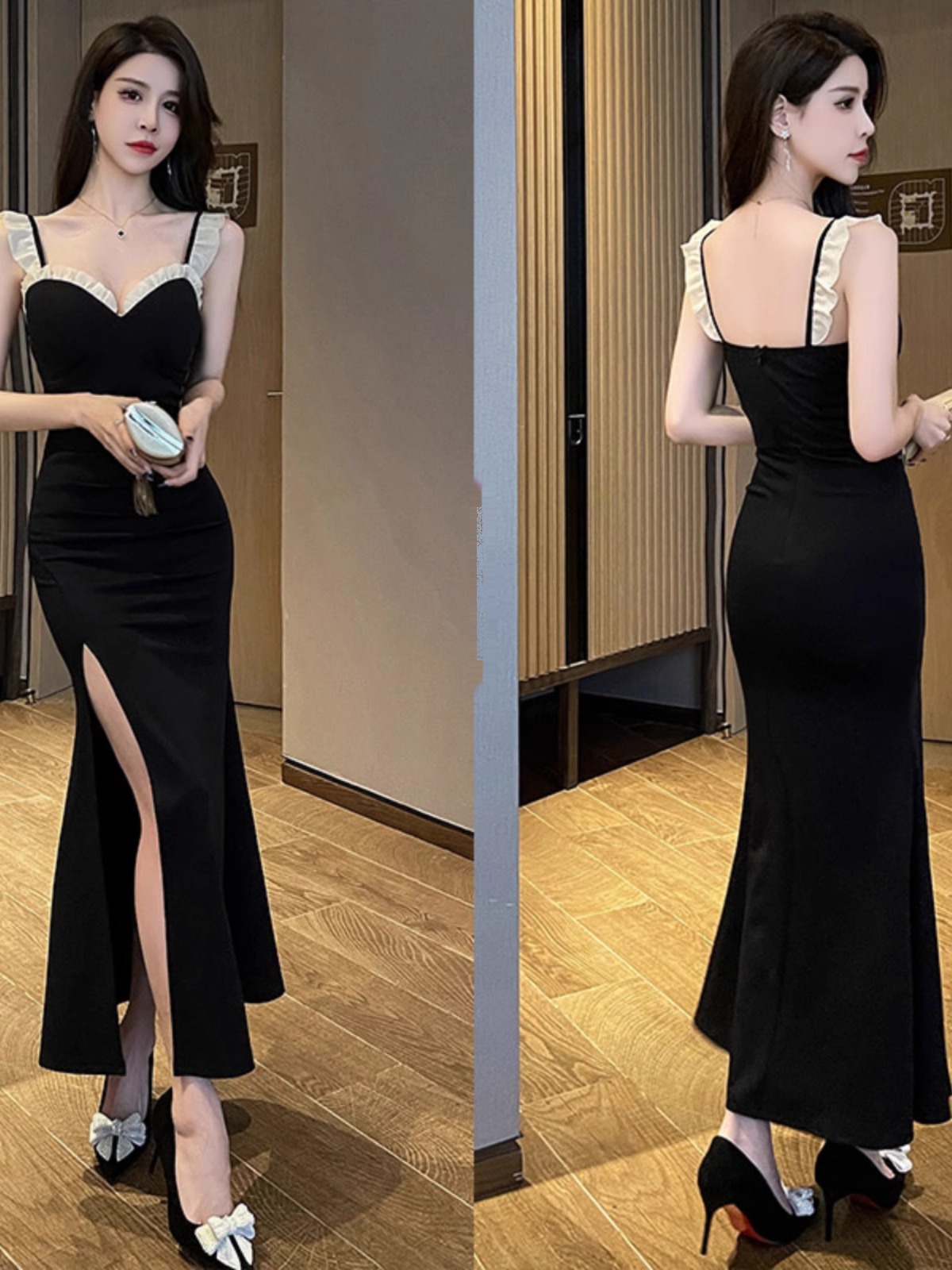 セクシーな低胸vネックキャミソールのロングスカート修身ワンピース 5,924円