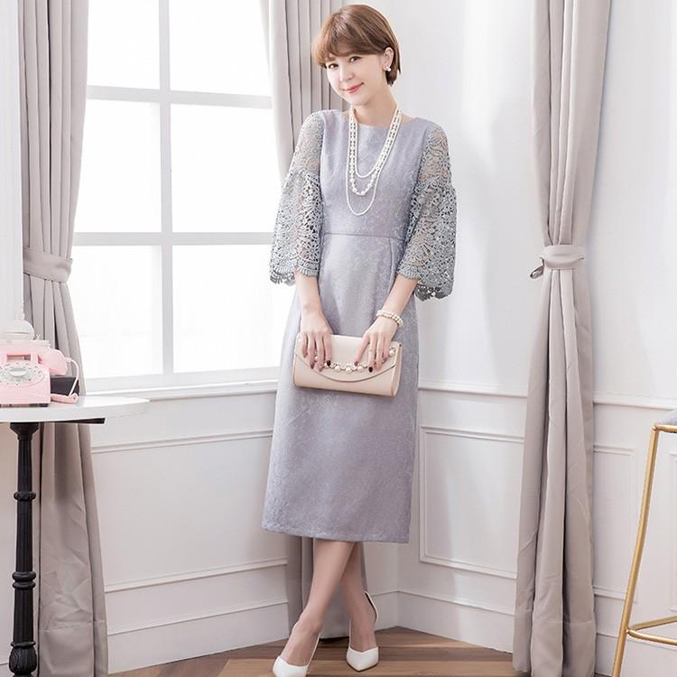 【即納】パーティードレス ワンピース 結婚式 お呼ばれ 体型カバー パーティー ドレス 大きいサイズ ミモレ 膝下 レース シンプル きれいめ フォーマル ダマスク