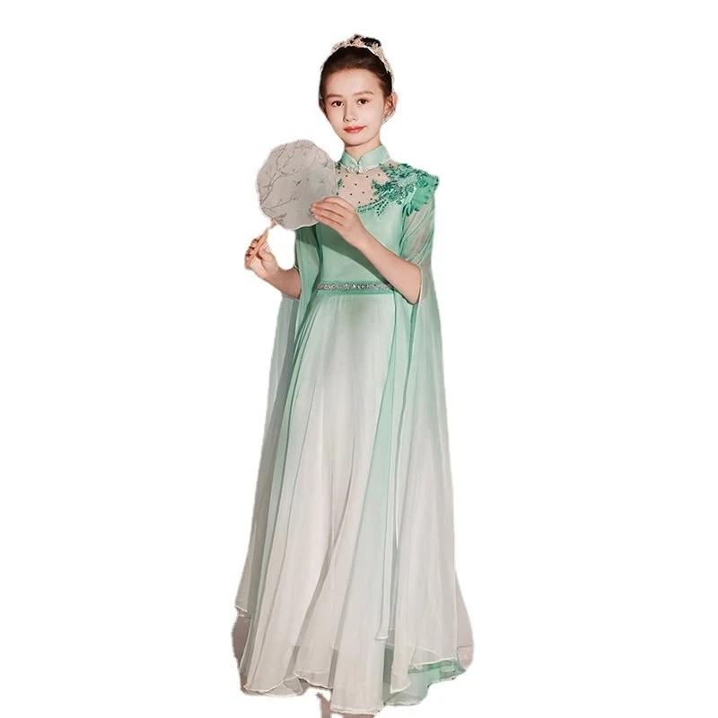 女児箏公演服果樹緑漸変色女児漢服気質箏服