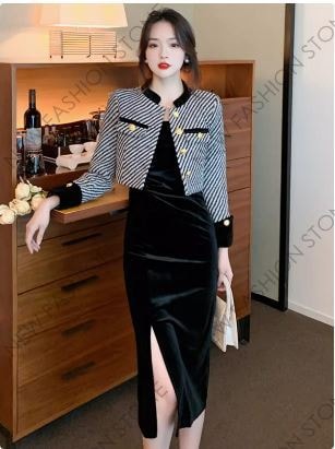 ストライプのショートジャケットキャミソールワンピース2点セット-92