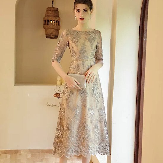 【取寄：納期2週間】結婚式ドレス 総レース 五分袖 ラウンドネック 刺繍 ゴージャス ファスナー ミモレ丈 Aライン 発表会 演奏会 レディース フレアドレス 結婚式 ステージ衣装 エレガント