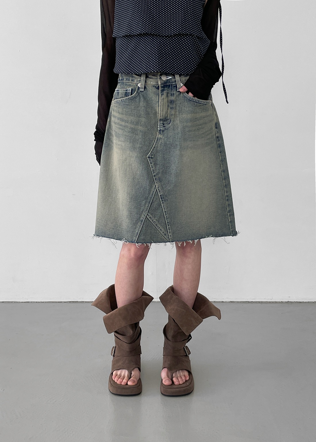 ヒクミカットデニムミディスカート