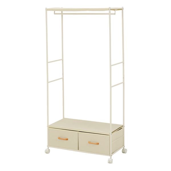 ハンガーラック/コートハンガー ホワイト 幅75奥行35.5高さ155cm スチールパイプ 引き出し収納 キャスター付き 組立式