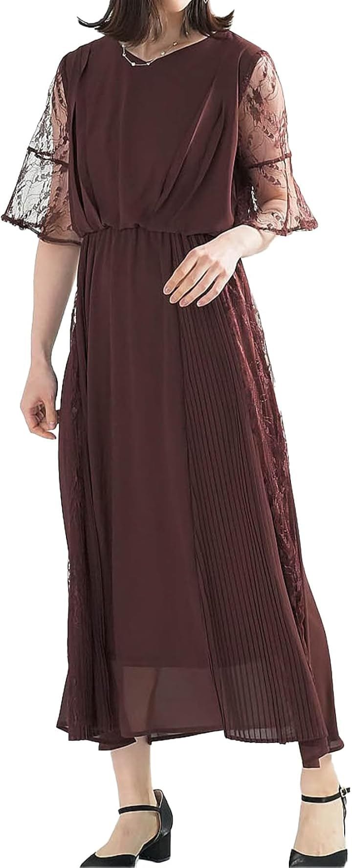 結婚式 ドレス お呼ばれ フォーマル ワンピース レディース ミモレ丈 ロング シフォンドレス (ブラウン / ミモレ丈 / 327014, M)