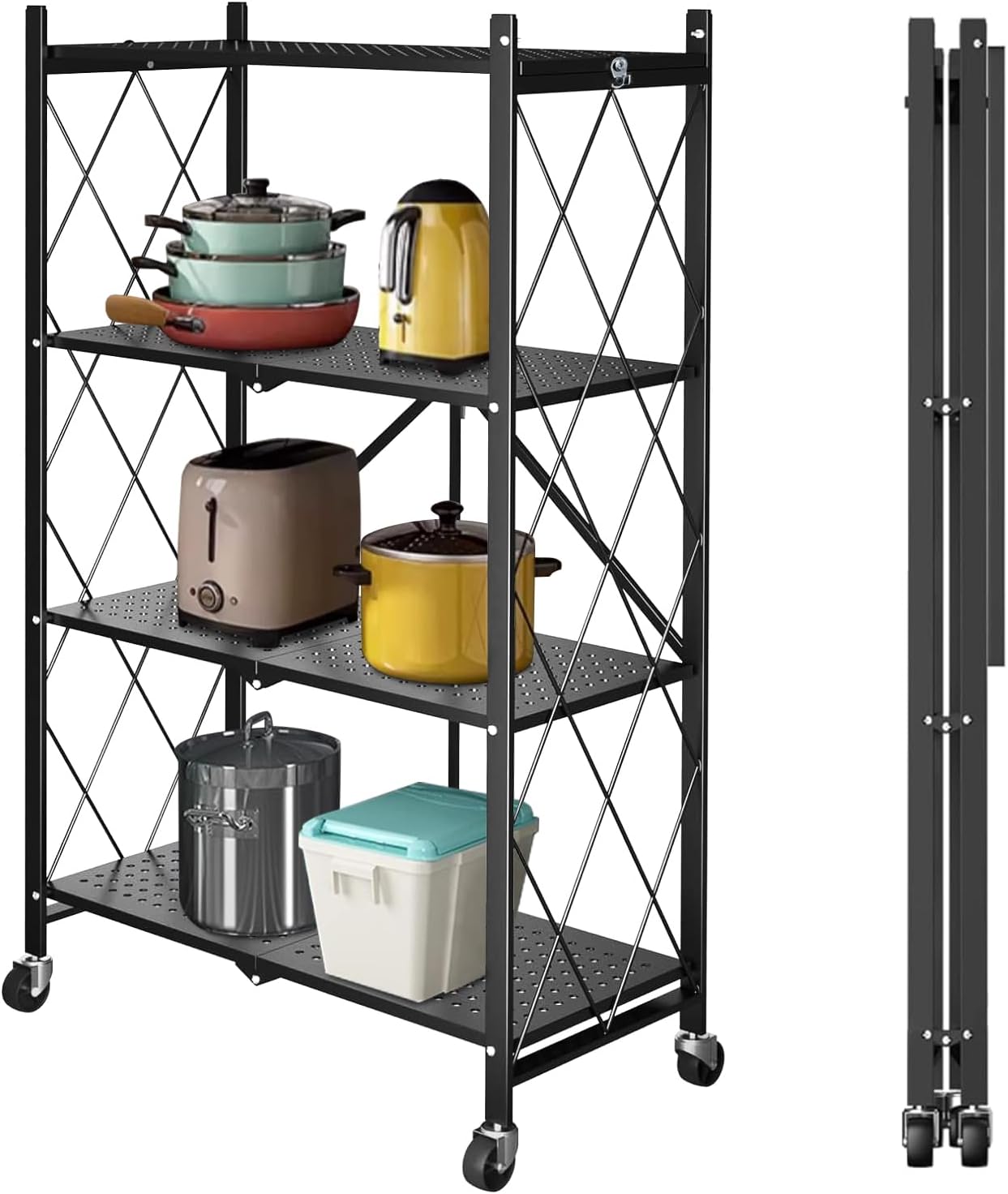 AEEZO 4段 折り畳み棚 スチールラック 幅71×奥行き34×高さ127cm 折りたたみ収納ラック キャスター付き 収納棚 キッチン頑丈 メタルシェルフ 防サビ 家電収納棚 移動便利 高耐久 省ス 7,732円