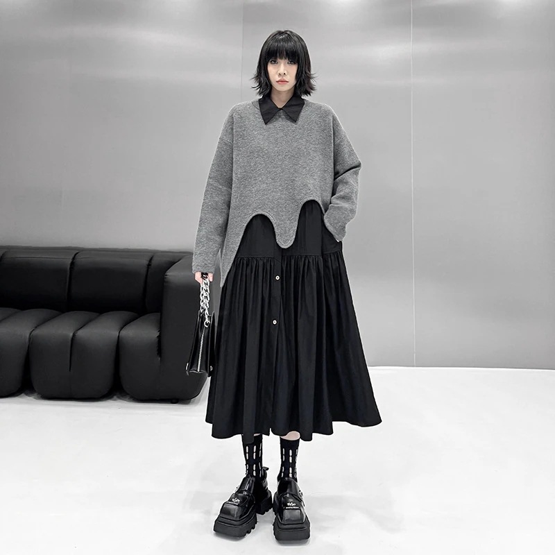 【Noir Mode】 秋冬 セットアップ アシンメトリー ニット+プリーツ シャツワンピース デザイン性 ブラックコーデ 大きいサイズ レディース 体型カバー ニットセーター ワンピース セット