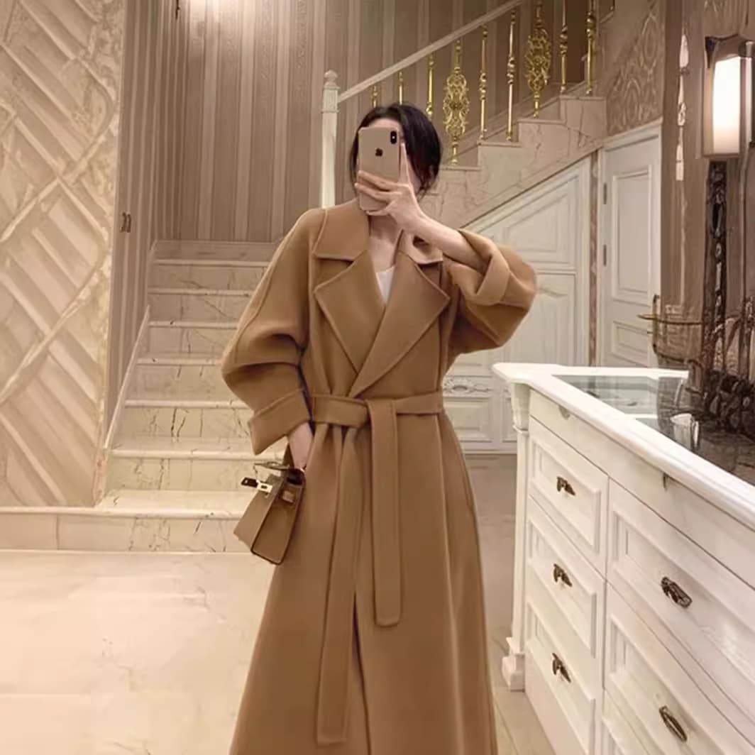 外貿キャメルの両面カシミヤ女2024冬服の新韓版ミディアムサイズの小柄なリボンのコート女