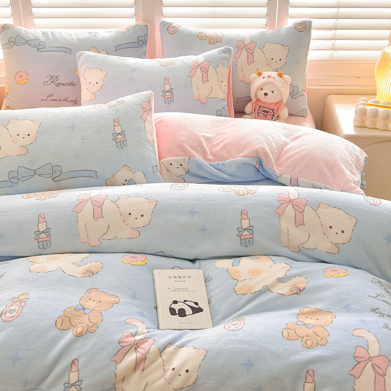 蝶結びの女の子ベッドミルクベルベット 4 ピース冬暖かいキルトカバーシーツセット 3 ピースフランネルコーラルベルベット 6,237円