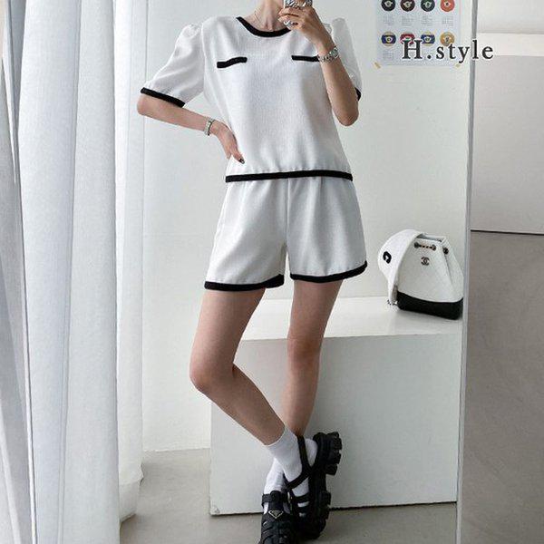 HスタイルSETツイードセット/夏/トレーニングセット/半袖/マートルック/ジャージセット/ショートパンツセットアップ/ホームウェア