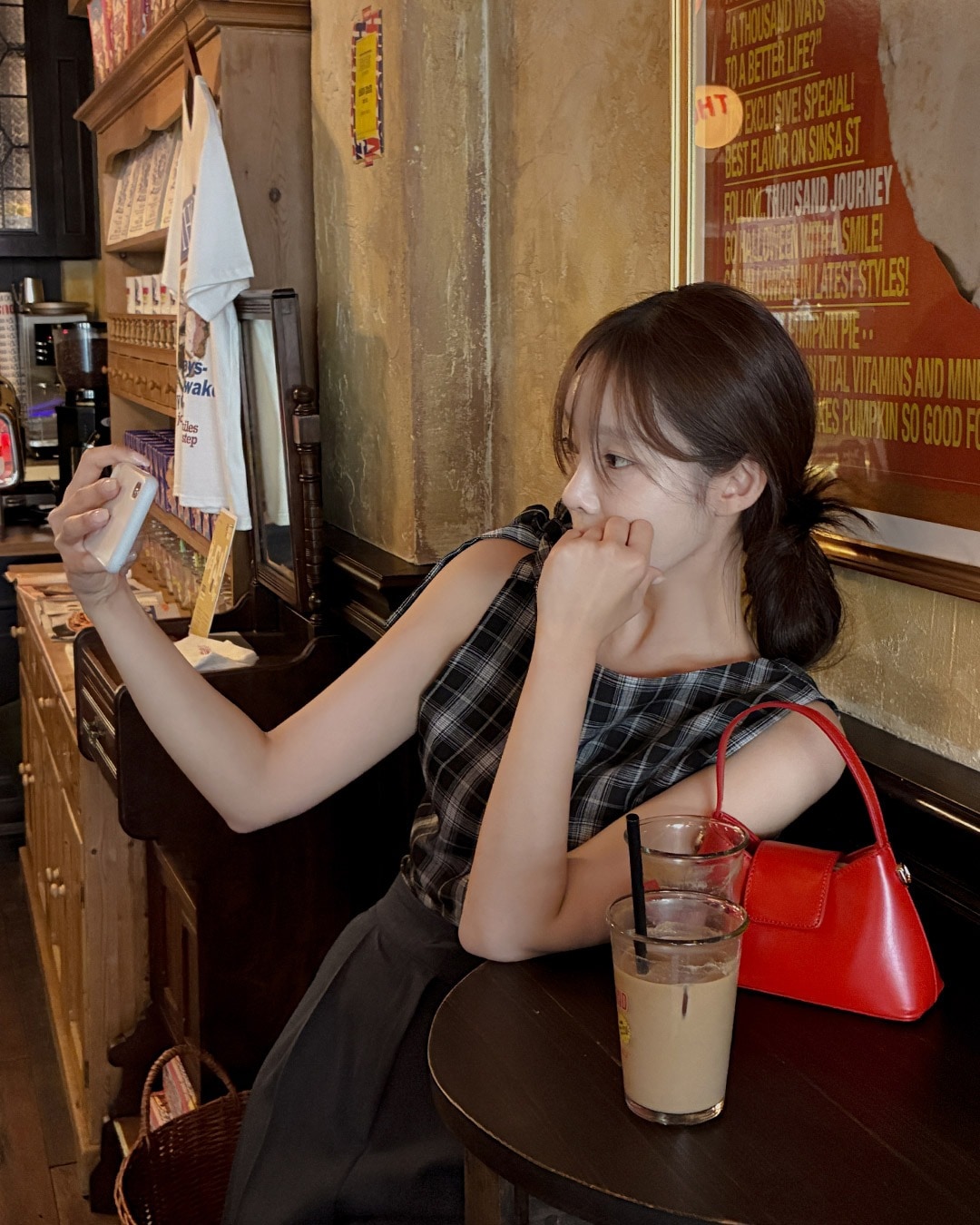 ビアンリボンチェックブラウス韓国ファッション レディース