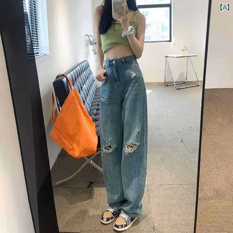 デニムパンツ レディース ダメージ ジーンズ クラッシュ ボトムス ハイウエスト ストレート 夏 薄手 ワイド ブルー