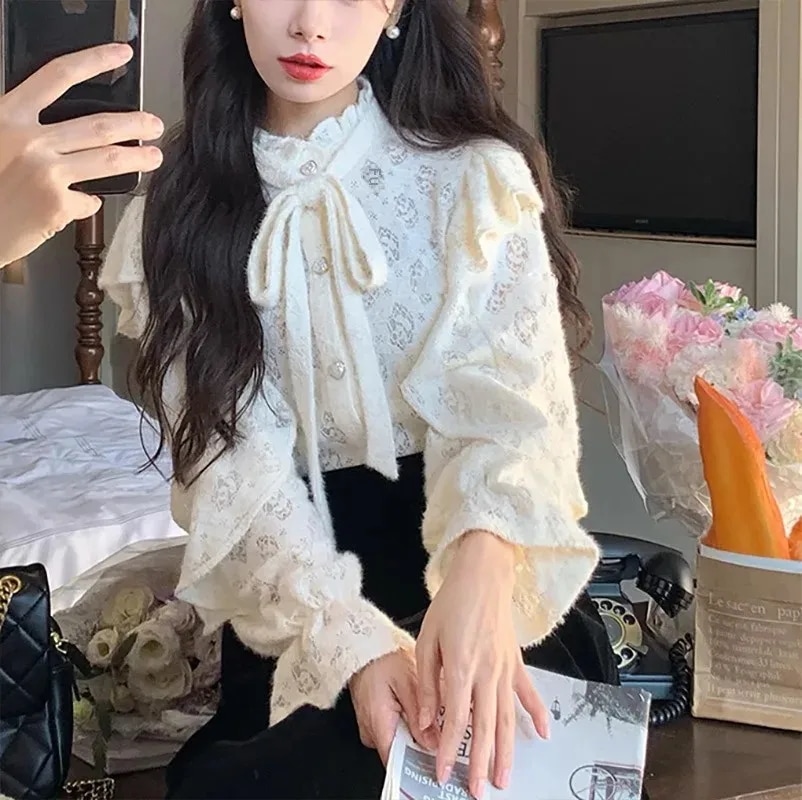女性のためのロマンチックなフラウンスエッジブラウス,エラーのないシャツ,レースのサンディングシャツ,双方向の服,エラーのないパターン,その他のスタイル,2023 - 20000